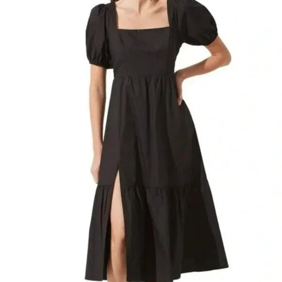 ASTR the Label Black Cotton Poplin Tiered Puff Short Sleeve Midi Dress Size XL - Picture 11 of 12